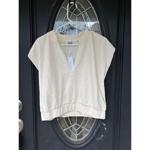 525 America Womens Short Sleeve V-Neck Sweatshirt Chalk White SP22K020 L NEW